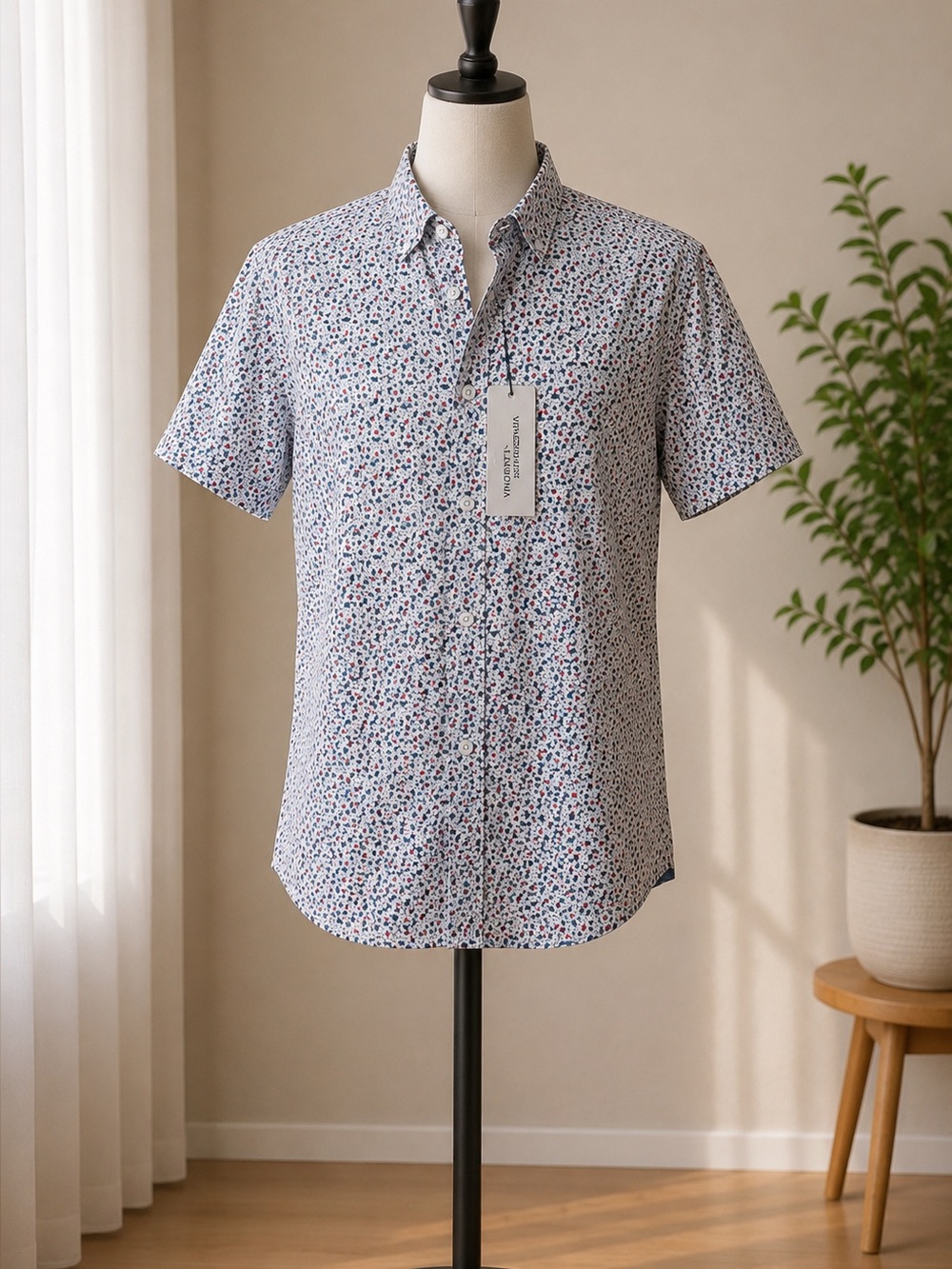 Short-Sleeve Floral Button-Up Shirt - White with Red & Navy